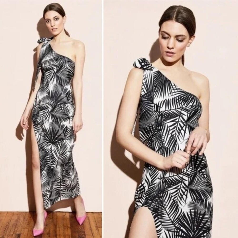 Fleur du Mal One Shoulder Palm Print Silk Maxi Dress Black White Size M